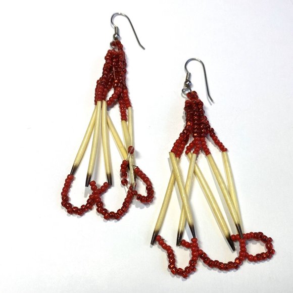 Red Cream Ivory Colored Quill Red Beads Dangling Silver Toned Earrings - Picture 1 of 6